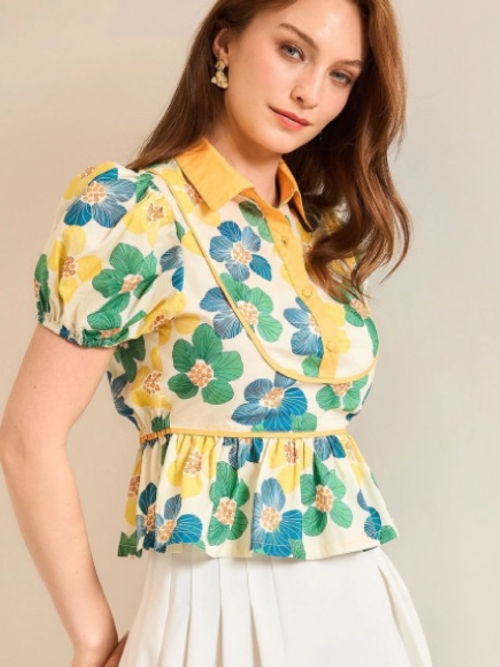 Umgee Floral Peplum Puff Sleeve Top | NWT